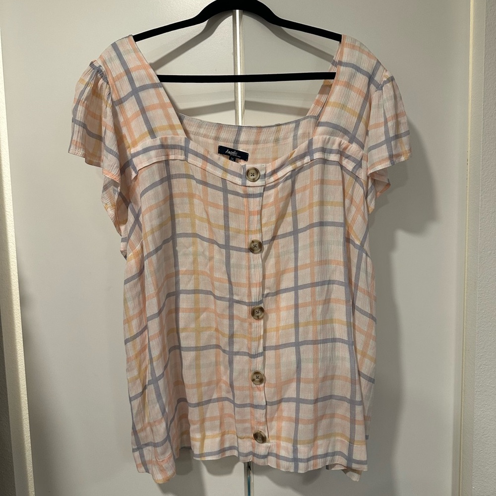 Angel Forever Young Womens Button Up Blouse Square Neck Checkered Size 2x